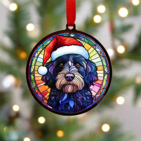 Labradoodle Black in Santa Hat Suncatcher Decoration